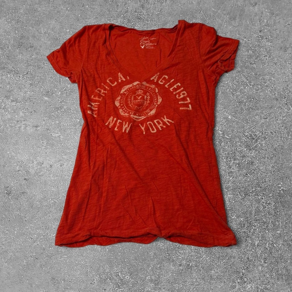 Vintage American Eagle Outfitters Orange V Neck Graphic T-Shirt Y2K Women S